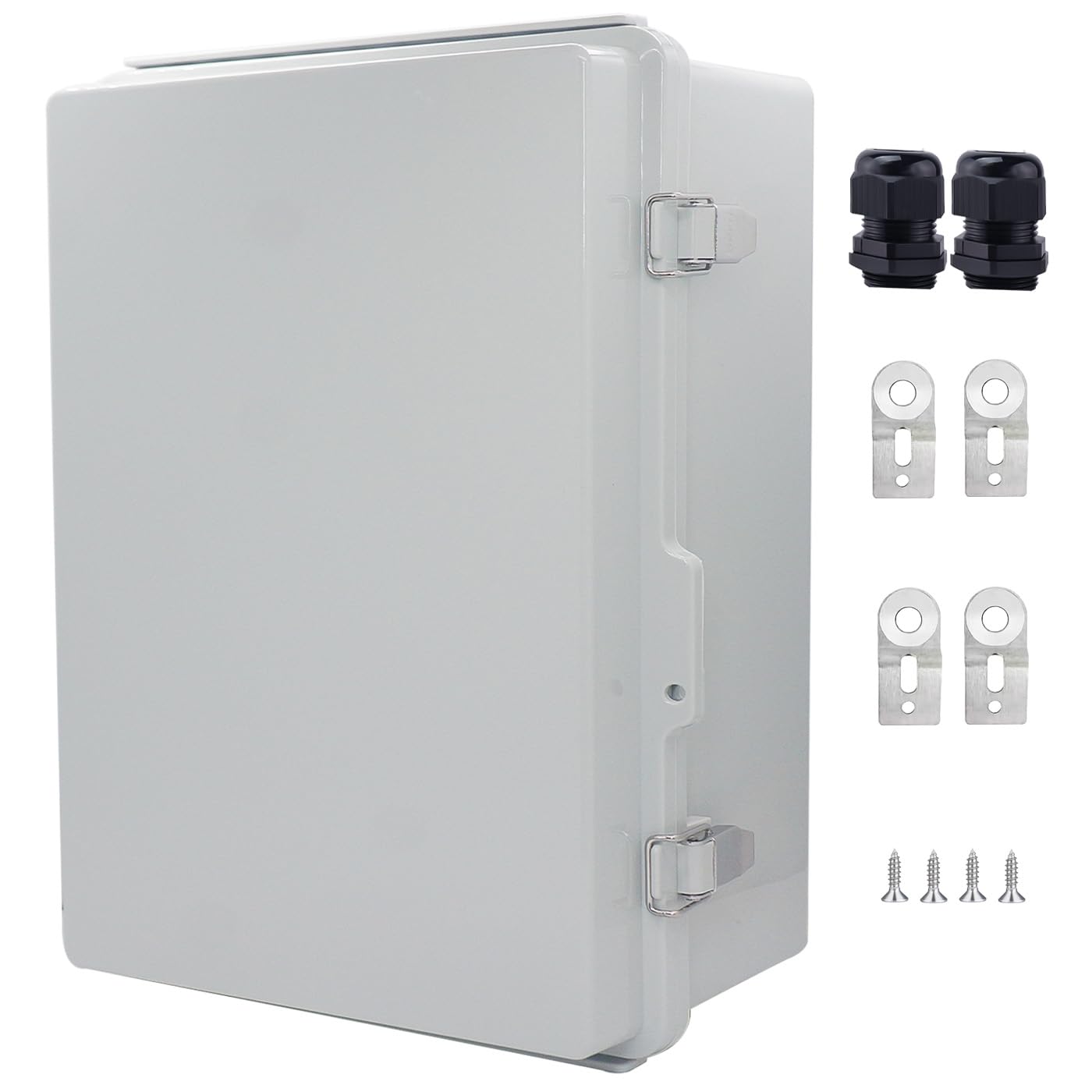 IP67 Waterproof Junction Box, ABS Plastic Electrical Enclosure with Stainless Steel Latch, Hinged Cover Electric Box with Mounting Plate, Wall Brackets & Cable Glands 280x190x130mm — Amazon image 11