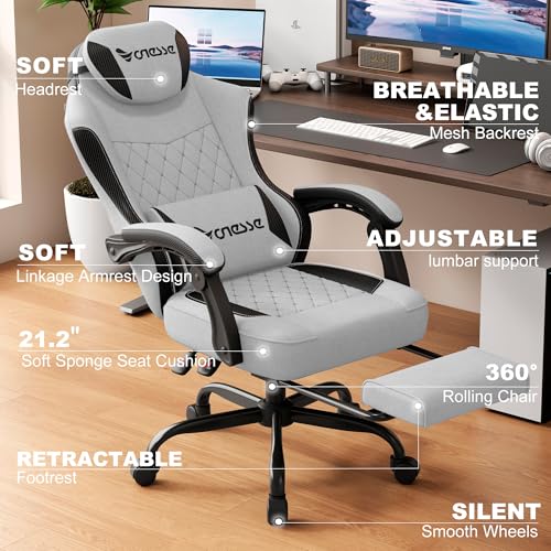 Image of Vonesse Gaming Chair, Office Chair with Linen Breathable Mesh Fabric, Desk Chair with Adjustable Lumbar Support, Executive Computer Chairs with Footrest and Headrest (Light Gray)