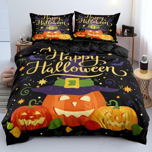 Luowei Halloween Bettwäsche 155x220 Kürbis Laterne 3D Bettwäsche Halloween Weich Kuschelig Microfaser Bettbezug Set 3 Teilig für Kinder… – Ansicht 1