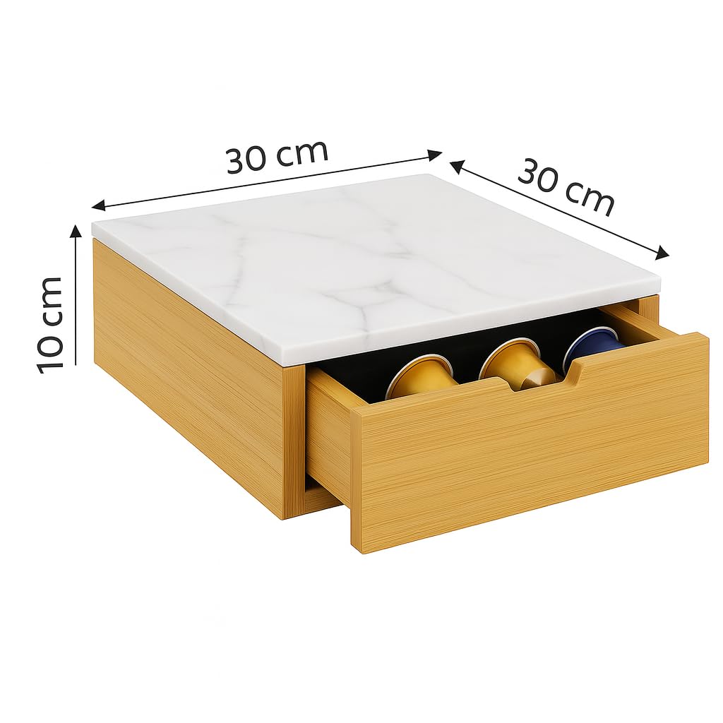 Porta Capsule Caffè in Legno con Piano Effetto Marmo Bianco e Cassetto Organizer – 30x30x10 cm