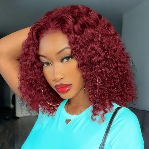 Image of 12 Inch Burgundy Bob Wig Human Hair 13x4 HD Deep Wave Lace Front Wigs Human Hair 99j Red Short Curly Bob Wig Water Wave Human Hair Wig 180% Density Glueless Wet Wavy Colored Wig for Women Pre Plucked