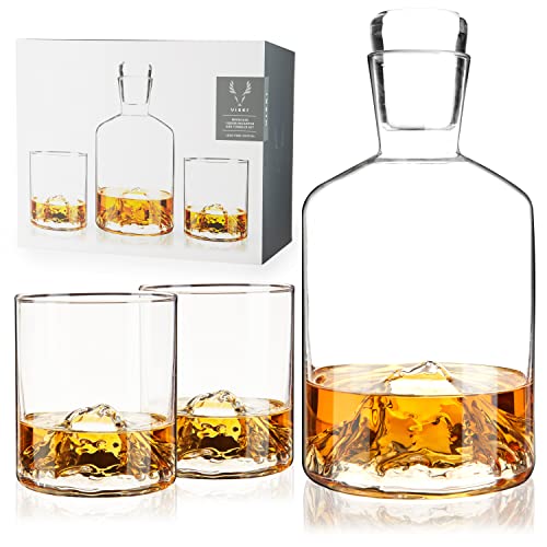 Viski Mountain Decanter and Tumbler Set, Percect for Scotch and Bourbon, Hand-Blown Whiskey Gifts for Men, Set of 3, 24oz Decanter, 9oz Tumblers