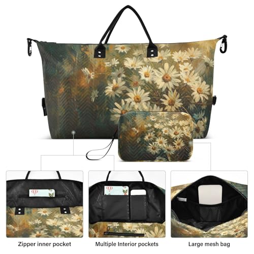 Daisies Vintage Yellow Travel Duffel Bag Gym Bag Sports Tote Bag with Multiple Interior Pockets Shoulder Weekender Bag for Women Men with Toiletry Bag 20.5”x 7.9”x 13.8”2