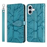 Vkooer Custodia per iPhone 16 [6,1 pollici] leggera in pelle PU, a portafoglio, magnetica, con tasca per carte di credito, funzione di supporto, albero della vita, per iPhone 16, turchese