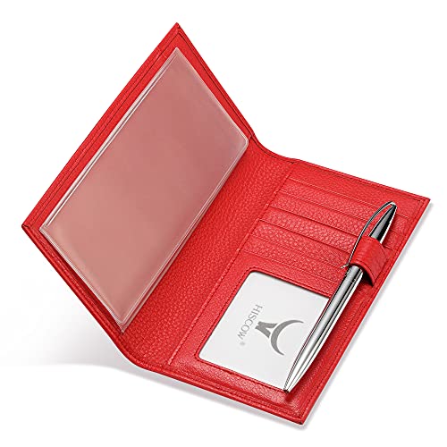 Image of HISCOW Soft Leather Checkbook Cover & Card Holder with Divider - Italian Calfskin, Pebbled Red, One Size, Contemporary