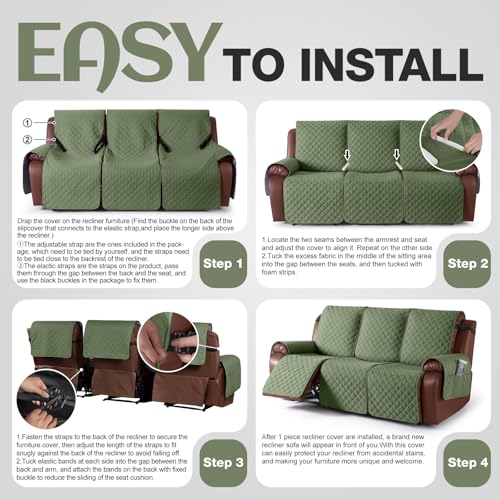 Image of KinCam Waterproof Recliner Sofa Covers Washable, 3 Seater, Cactus Green
