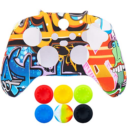 9CDeer 1 pieza de silicona de transferencia de impresión protectora gruesa de la cubierta + 6 agarraderas para el pulgar para Xbox Series X/S controladores de dibujos animados pinturas