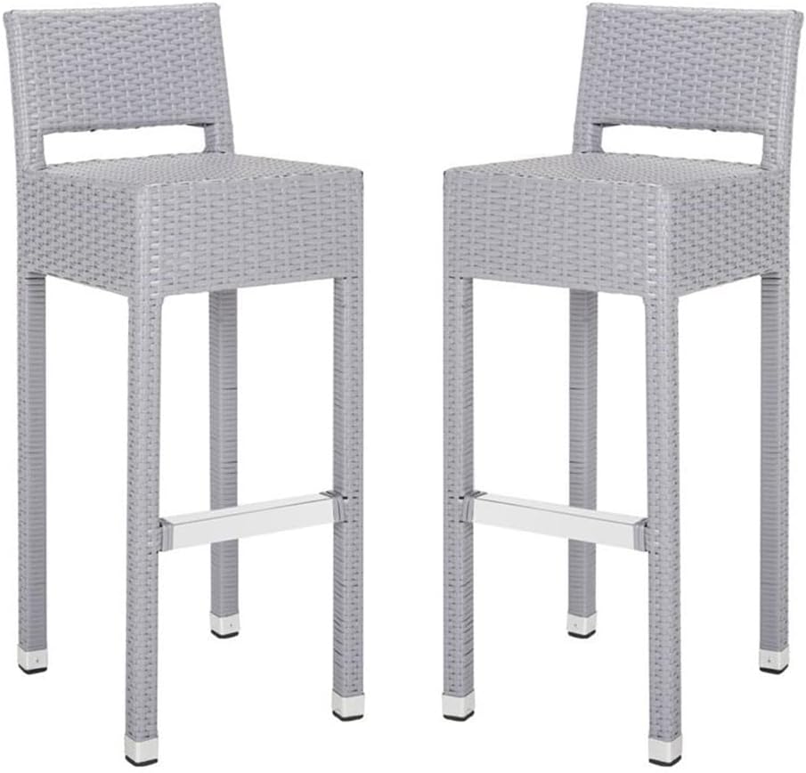Pemberly Row 30" Rattan Wicker Indoor/Outdoor Bar Stool, Gray Finish, Powder-Coated Weather-Resistant Design, Modern Style Bar Height Seating for Kitchen Islands, Home Bars, or Patio Use