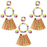 Disfraz Hawaiano,3 Juegos Falda de Hierba Hawaiana Incluyen 3 Faldas de Hierba Hula+3 Guirnaldas de Cuello+3 Diademas+6 Pulseras Leis de Flores para Fiesta de Cumpleaños de Moana Luau Tropical