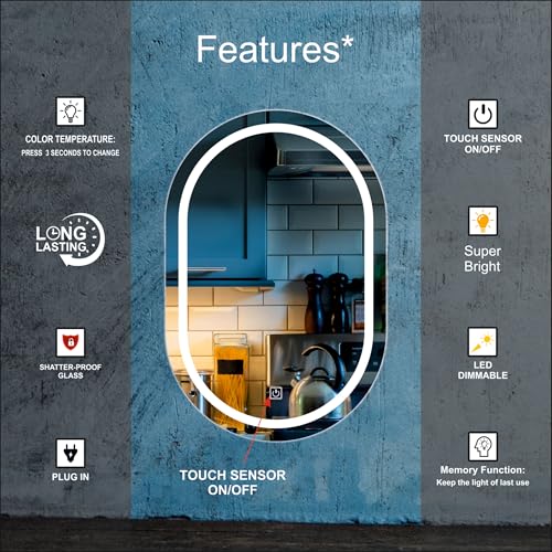 Image of Creative Arts n Frames LED Wall Mount HD Mirror with 3 Color Light Tone for Home Wall Living Room Bedroom Bathroom Hotel Decor Items (12x18 inch Capsule)
