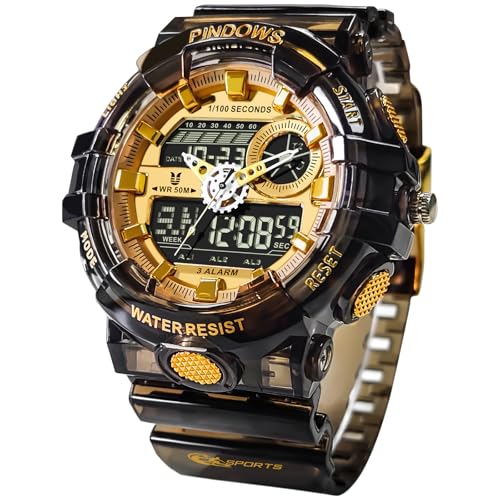 Image of PINDOWS Watch for Men, 50M Waterproof Analog Digital Watches Watch Outdoor Sports Electronic Watch Date Multi-Function LED Alarm Stopwatch.