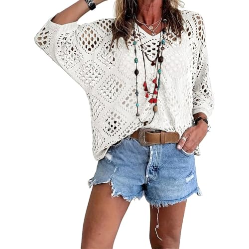 LXJLXD Suéteres de manga larga, trajes de playa, cubierta de crucero, blusa para mujer, cuello en V, parte superior de punto de ganchillo, manga dolman, ropa casual, playa, playa, vacaciones, blusa de