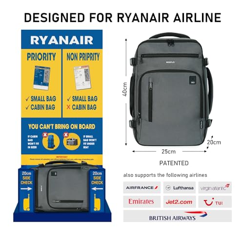 Ecohub Bagages Cabine 40x20x25 Ryanair Valise Cabine Easyjet Sac A Dos Voyage Sacs De Voyage Sac Cabine Avion Bagage A Main Recyclable Pet Ecologique Sous Le Siege Sac Portatif 20lbreveteegris