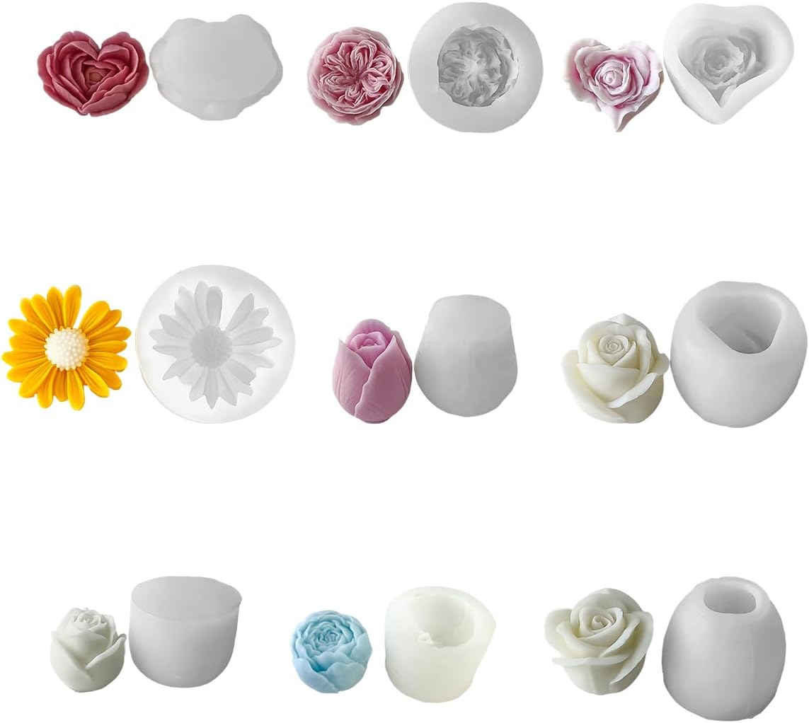 9Pcs Rose Flower Tulip Peony Heart Candle Soap Wax Mold Valentine Day Silicone for Small Butter Candles Chocolate Making Molds Silicones Shapes Moldes De Rosas Silicona para Velas