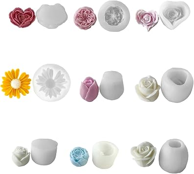 9Pcs Rose Flower Tulip Peony Heart Candle Soap Wax Mold Valentine Day Silicone for Small Butter Candles Chocolate Making Molds Silicones Shapes Moldes De Rosas Silicona para Velas