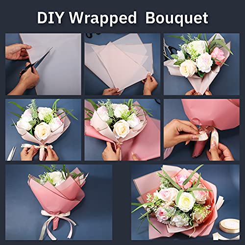 20 Pcs Translucent Gold Edge Waterproof Floral Wrapping Paper Sheets Frosted Bouquet Packaging Paper And Double Face Satin Ribbon For Mother‘s Day Graduation Wedding Engagement (Delicate Color) #TOP4