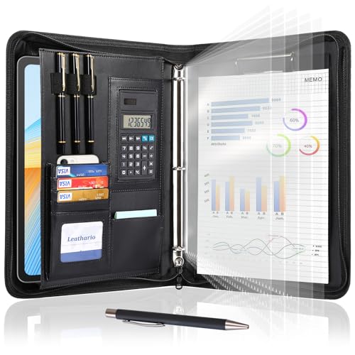Leathario 3-Ring Portfolio Binder, Includes 5 Sheet Protectors and a Pen, 13 Inch Tablets Organizer, Vegan Leather A4 Padfolio, Multi-Pocket Notepad Business Planner Professional Document