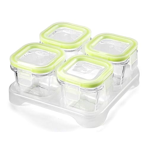 Miniatura 7 de Paquete de 4 recipientes de vidrio para alimentos para bebés con tapas herméticas y bandeja apilable (verde menta, 3 onzas cada uno), recipientes de