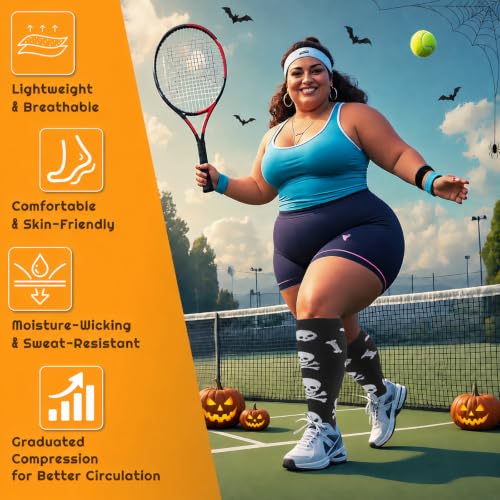 Image of Halloween Plus Size Compression Socks for Women & Men 4 Pairs, Wide Calf Extra Large 20-30 mmHg Knee High Support Socks for Travel, Running, Nurse