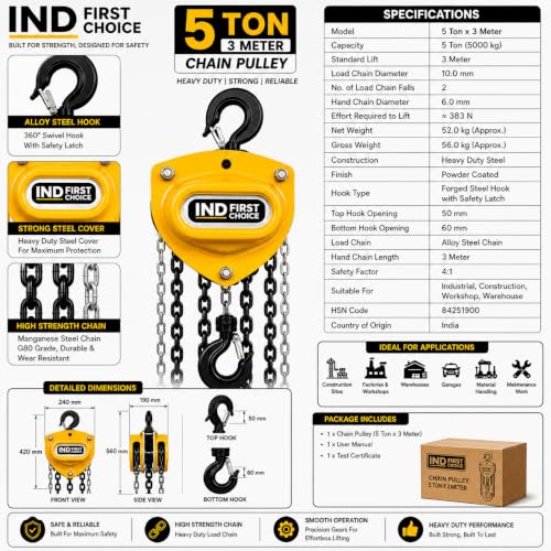 Image of 5 Ton Manual Chain Pulley Block, 3 Meter Lift Height, Premium Series, Heavy Duty Chain Hoist with Safety Hook for Industrial, Construction & Warehouse Use