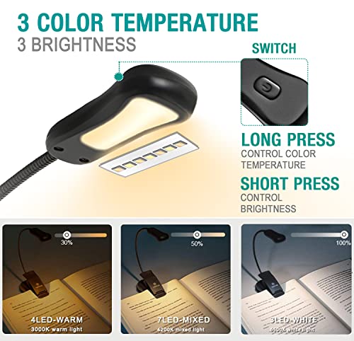 Image of Vekkia LuminoLite Rechargeable 7 LED Book Light, Clip-on for Reading in Bed, 3 Color & 3 Brightness Adjustable, 70 Hrs Wireless Reading, White, Plastic