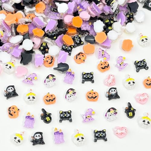 Tibemi ネイルパーツ ハロウィン 100個セット 3D立体 魔女の帽子 おばけ 幽霊 かぼちゃ 黒猫 デビル ろうそく 魔法の家 ハート レジン用 可愛い デコパーツ ジェルネイル ネイルアート ジュエリーパーツ ハンドメイド 手作り 手芸 DIY