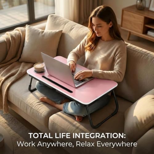 Image of BUYIFY 23.4 inch Foldable Lap Desk Bed Table with Cup Holder Portable Tray