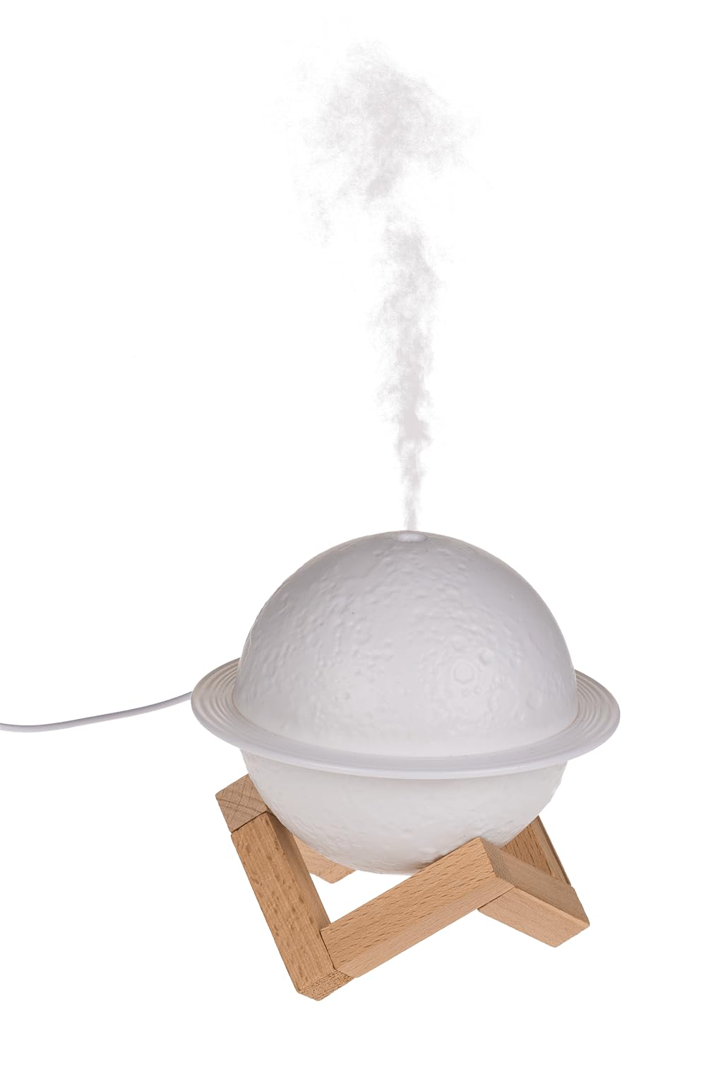 Nawilżacz powietrza/dyfuzor oleju, planeta, z drewnianym stojakiem, 3 poziomy świecenia i kabel USB, pojemność ok. 110 ml, ok. 13,8 x 10,5 cm, z tworzywa sztucznego, w pudełku prezentowym, biały