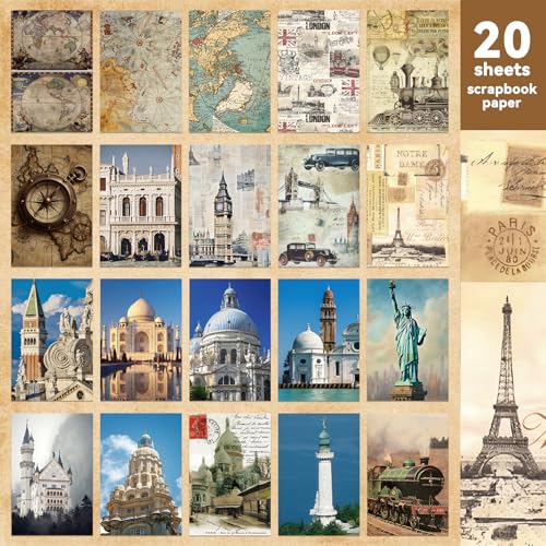 Image of 52 Sheets World Travel Stickers & Scrapbook Paper Set - Vintage Travel Themed for Scrapbooking Journaling Junk Journal Planner - Retro Adventure Stickers for DIY Crafts