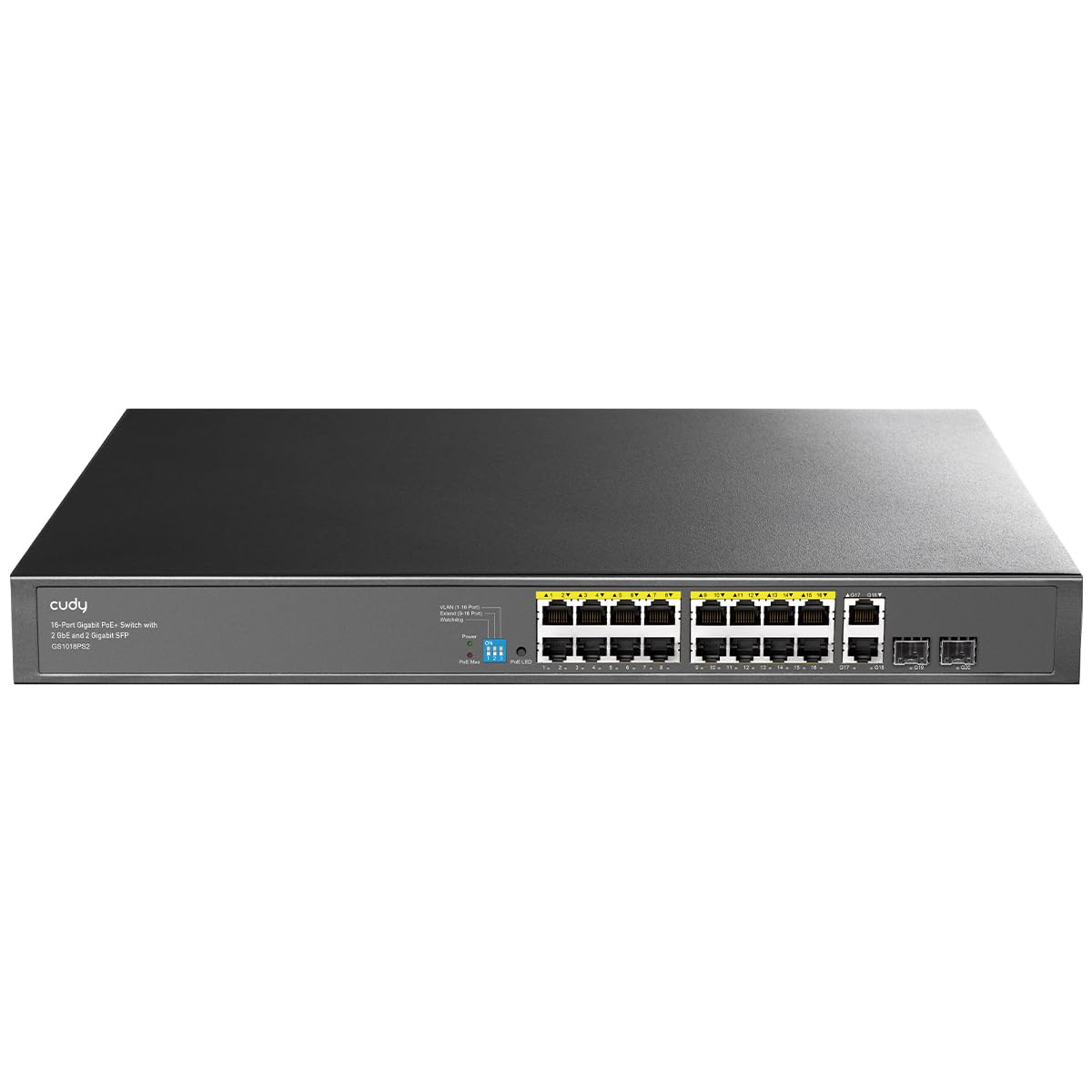 Cudy Switch PoE+ Gigabit Ethernet No Gestionado 16 Puertos, 200W, 16 Puertos Gigabit PoE+, 2 SFP, 2 Puertos Uplink, Montaje en Rack 19", 802.3af/at, GS1018PS2