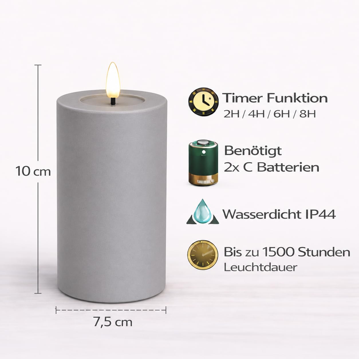 ReWu LED Kerze Deluxe Homeart Outdoor – Kunststoff Mit Wachsspiegel, Warmweiß, Flackernde Flamme, IP44 Spritzwassergeschützt, Hitzebeständig Bis 50°C, Höhe 10 Cm, Ø 7,5 Cm, Timer Per Fernbedienung (separat) Outdoor LED Kerze