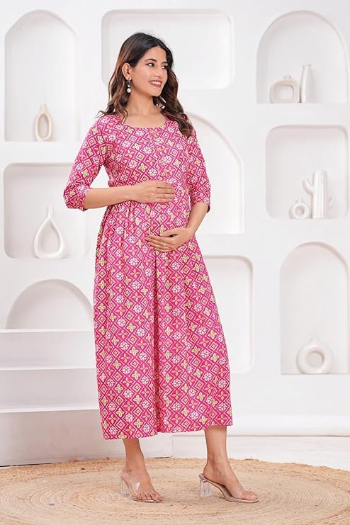 Image of Women's Pure Cotton Floral Printed Maternity Feeding Kurti with Zipper Feeding Dress for Women Feeding Gown