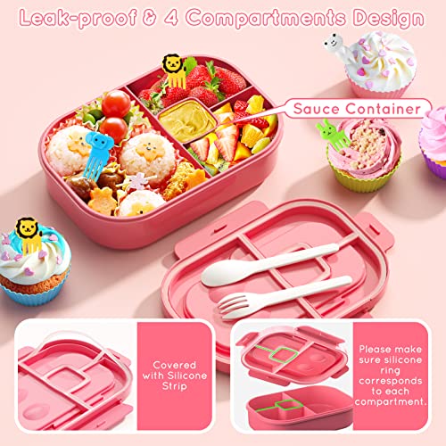 TIME4DEALS Bento Box, 44oz 4 Compartment Lunch Container with Cutlery for Kid/Adult/Toddler, Leak Proof, Microwave/Dishwasher/Refrigerator Safe, BPA Free (Pink) - Image 3