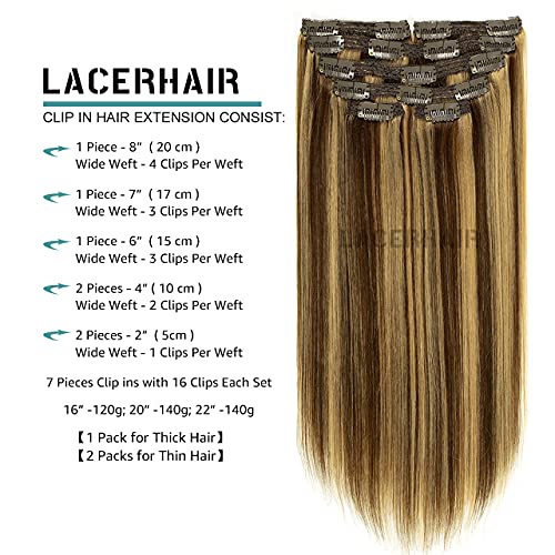 Lacerhair Real Human Hair Clip In Extensions 18 Inch Chocolate Brown Lowlight Light Golden Brown P#4/12 Salon Quality Remy Hair Clip In Extensions Silky Straight Hair Pieces 7Pcs 120G #TOP1
