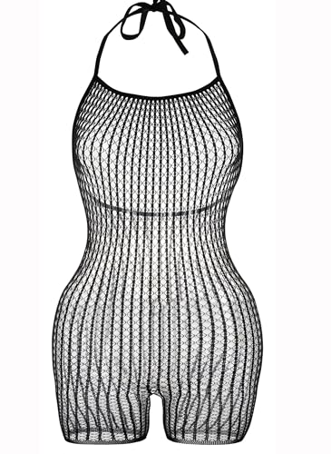 Womens Sexy Cover Ups Black Mesh Romper Halter Neck Bathing Suits Summer Beach Fishnet Short Rompers Swimsuits Coverups
