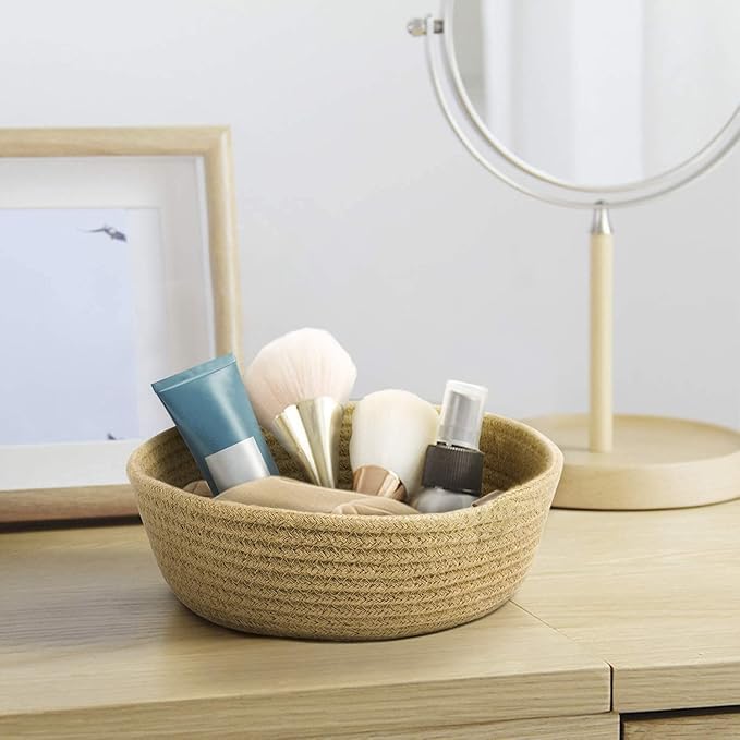 Image of 100% Natural Jute small box mini rope paper storage Round hamper baby nursery tray bucket for Living Kitchen, Drawing Room,fruits, kitchen, office, (beige bowl)