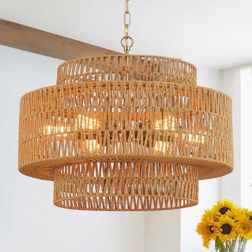 Widluth Hand-Woven Rattan Chandelier Vintage Farmhouse 6-Lights Boho Bamboo Chandelier Light Fixture 23.6" Retro 3-Tier Drum Wicker Rattan Golden Chandeliers for Dining Room, Kitchen, Living Room