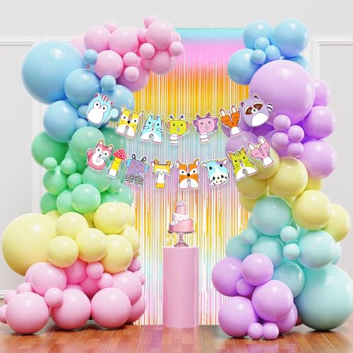 Image of Rozi Decoration Cat & Rainbow Theme Birthday Combo Kit | 32-Piece Set with Cat Banner, Foil Curtain Backdrop & Pastel Balloons | Kids Birthday Decorations