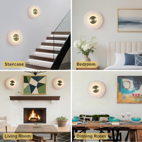 Image of 11.8 inch Round Alabaster Wall Sconce,Marble Modern Bathroom Light Fixture with Natural White Glass Shade for Bedroom, Hallway, Stairs (Hardwired)