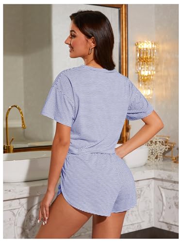 Image of OYOANGLE 2 Pack Pajama for Woman Set Summer Cute PJ Sets Striped Short Sleeve Tshirt and Split Shorts Lounge Set