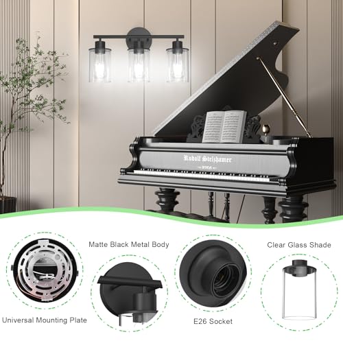 Image of Aipsun Bathroom Vanity Light Farmhouse 3 Light Matte Black Vanity Lighting Fixtures with Clear Glass Shade(Exclude Bulb)