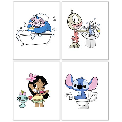 Image of PICTURE THIS PRINTS Lilo and Stitch Bathroom Decor Set, Lilo and Stitch Bathroom Photos, Stitch Wall Art for Bedroom, Lilo and Stitch Pictures, Kids Prints - Unframed Poster Prints (8"x10") Set of 4