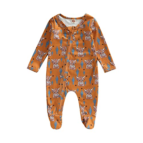 Image of Amiblvowa Newborn Baby Boy Girl One Piece Footies Ribbed Zipper Romper Jumpsuit Long Sleeve Cow Print Outfit Western Clothes (Brown Bull, 0-3 Months)