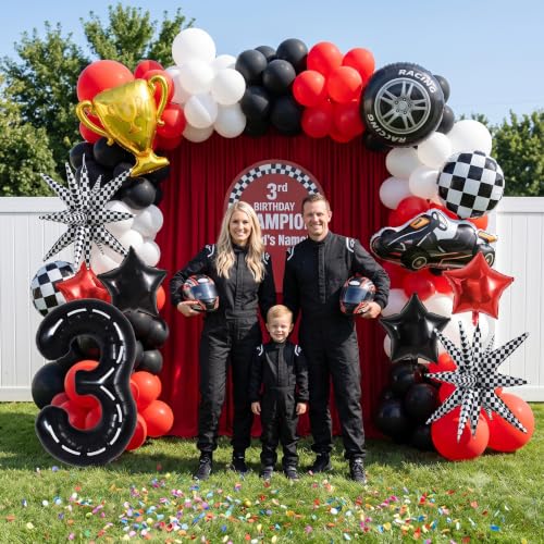 Image of TONIFUL Race Car Party Balloons Set - 40 Inch Racetrack Number 3 Foil Balloon with Checkered & Star Balloons for Boys 3rd Birthday Car Themed Decorations, Baby Shower Photo Backdrop Supplies