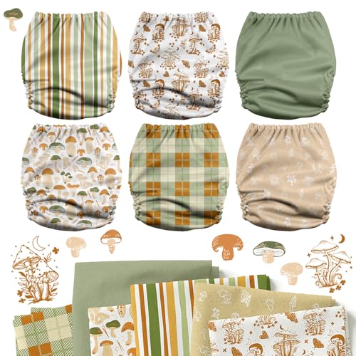 Mama Koala 3.0 Pocket Cloth Diapers for Babies with AWJ Lining, 6 Pack with 6 5-Layer Natural Cloth Diaper Inserts - Reusable and Washable Pocket Diapers(A-Mushrooms)