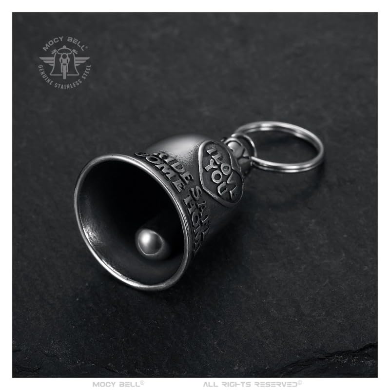 Clochette Moto Mocy Bell - I Love You - Ride Safe - Come Home - Porte-Bonheur Motard en Acier Inoxydable 316L - Talisman Protection et Amour - Cadeau Biker Homme Femme