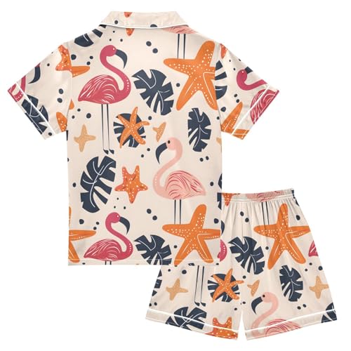 ALAZA Starfish Flamingo Palm Leaves Satin Pajamas Set Short Sleeve Button Down Sleepwear Summer Pjs 2 Piece2