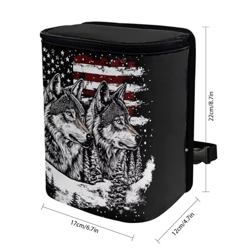 Image of Talayituse Wolf American Flag Print Car Trash Bin, Large Size Auto Trash Can Adjustable Portable Garbage Can with Lid, Vehicle Hanging Bag for Headrest Front Back Seat
