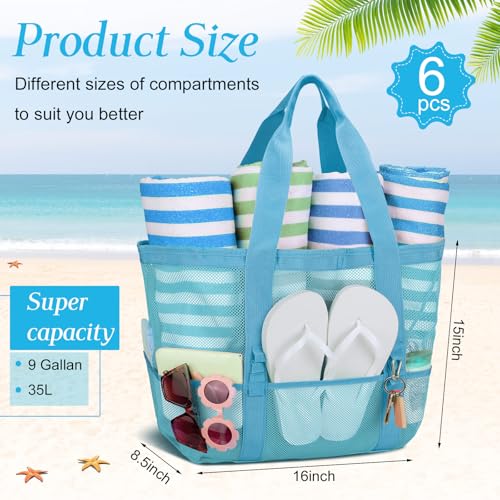Image of Hillban Large Beach Mesh Bags Bulk for Women Beach Tote Bag with 8 Pocket Zipper Waterproof Sandproof for Pool Cruise Ship