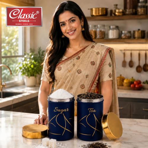 Image of Classic Steels Premium Long Tea & Sugar Canister Set (850ml) (Blue) | Airtight Kitchen Canisters Stainless Steel Storage Jars with Gold Lid & Label | Matte Finish Kitchen Storage Container Set